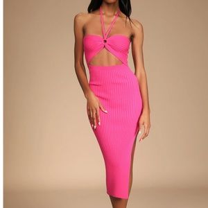 LULU’S Leading the Trends Hot Pink Ribbed Knit Cutout Halter Midi Dress